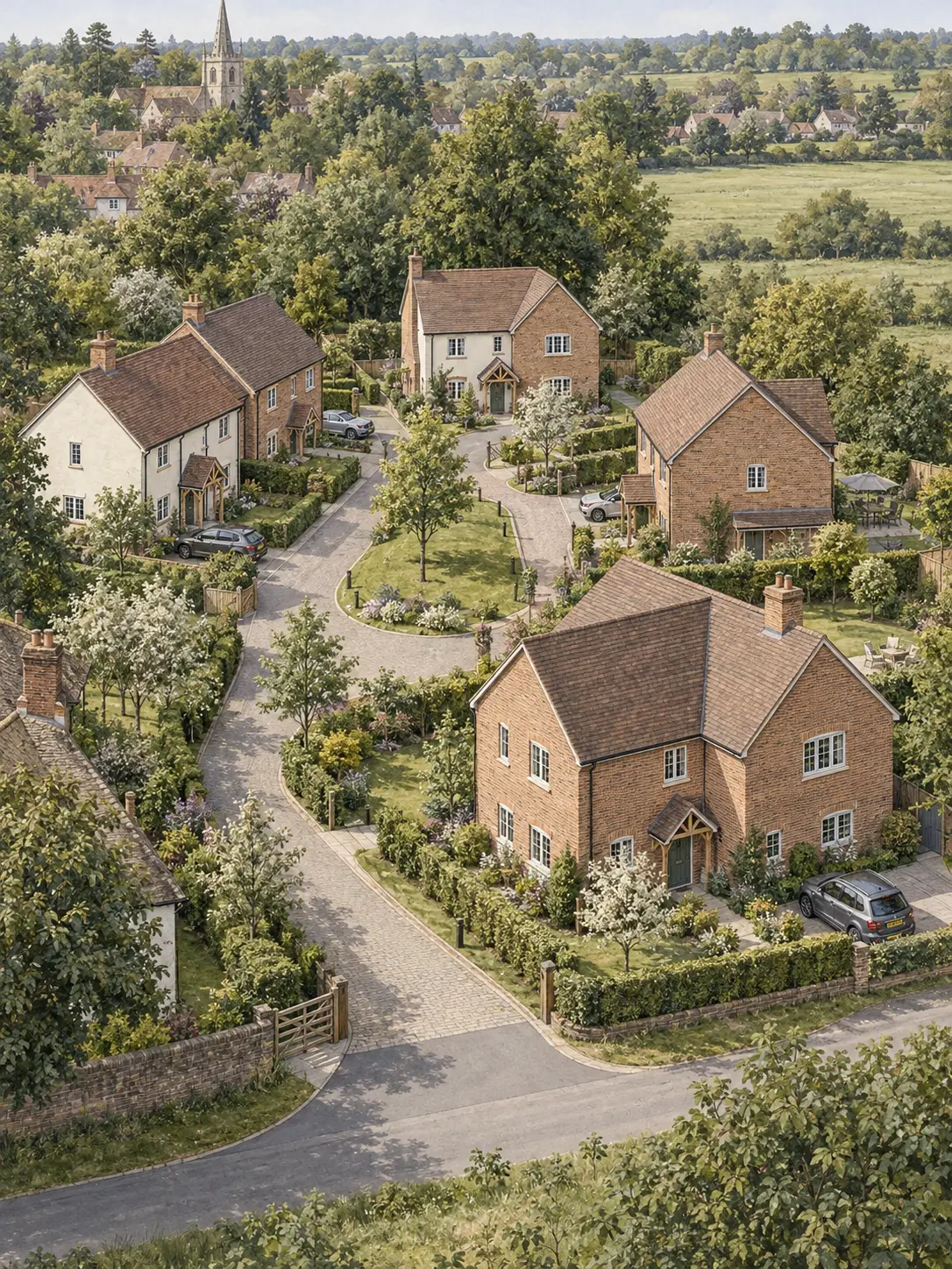 Illustrative residential development arranged around a shared green, with landscaped gardens and access from a village lane.