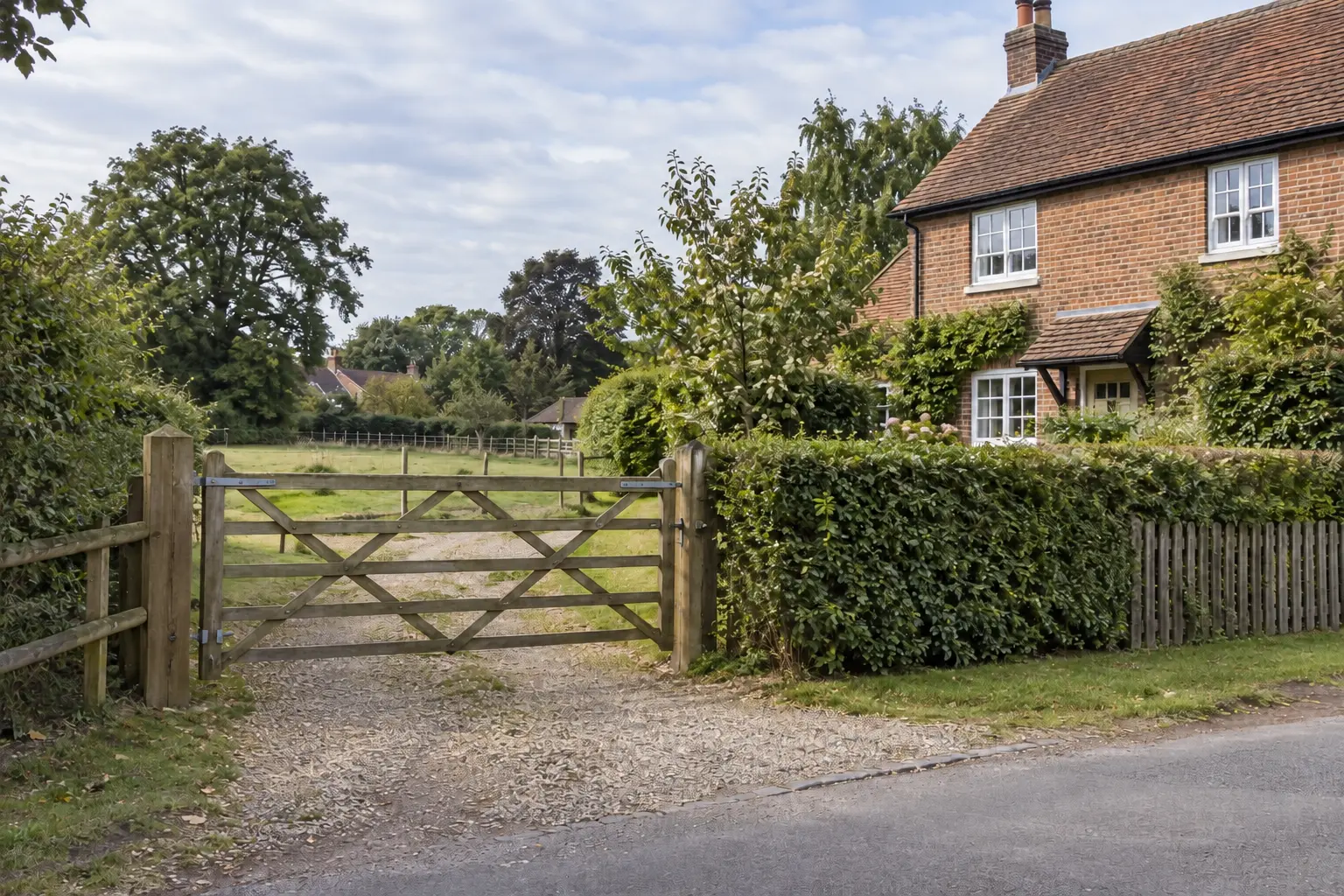 Illustrative village property with a timber gate, adjoining paddock and brick house.
