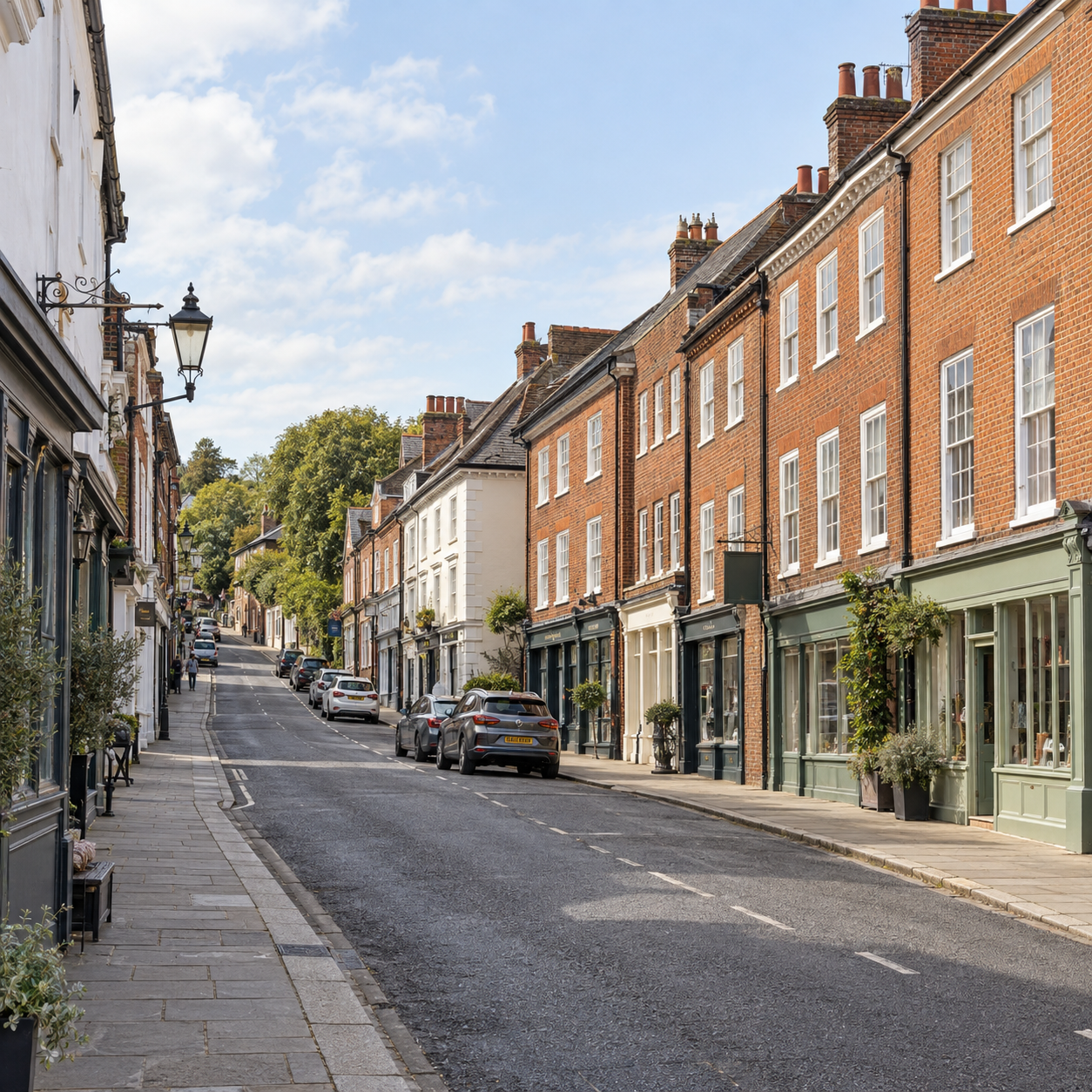 Illustrative townscape inspired by a Home Counties market town, with brick façades and a tree-lined street